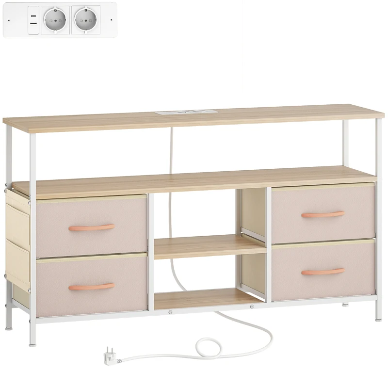 HOMCOM Mueble de TV con Luz LED y Enchufes Puertos USB Estantes Abiertos 4 Cajones plegables 120x30x67,5 cm Beige y Blanco
