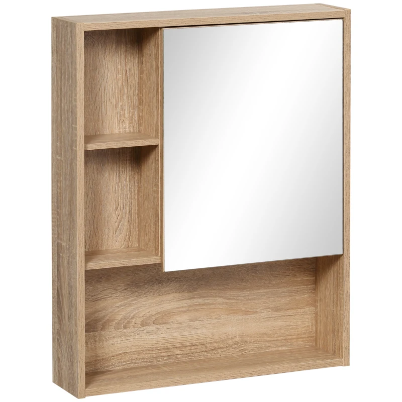 kleankin Armadietto Bagno a Specchio con Ripiani Regolabile, Specchio Bagno Contenitore con Porta Salvaspazio, Montaggio a Parete, 60x15x76 cm, Rovere