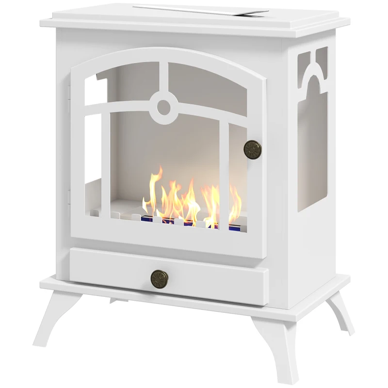 HOMCOM Cheminée au bioéthanol sur pied 1,2 L — Style poêle traditionnel, flamme réelle, 3 h, blanc