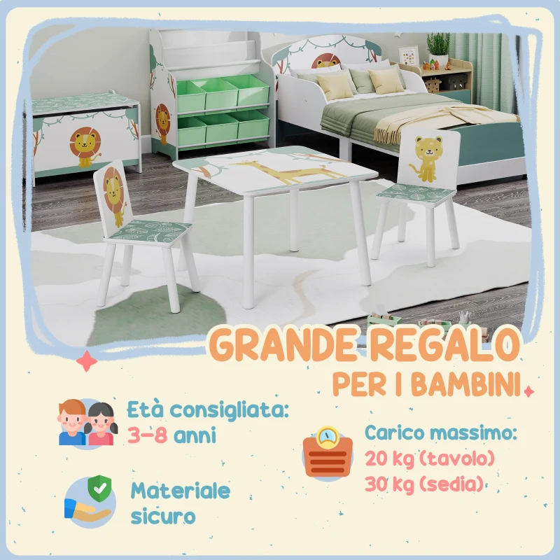 AIYAPLAY Set Arredo Cameretta con Tavolo e 2 Sedie per Bambini da 3-8 Anni con Fantasia con Animali, Verde