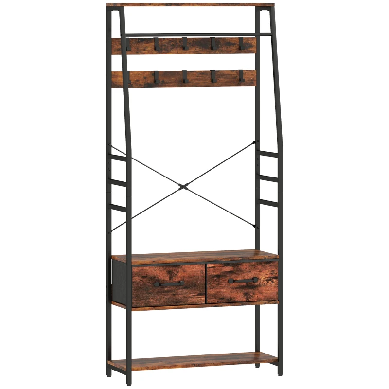 HOMCOM Garderobe mit Schuhregal, Mantelständer mit Sitzbank, 10 Haken, 2 Stoffschubladen, Kleiderstange, Spanplatte, Metall, Braun