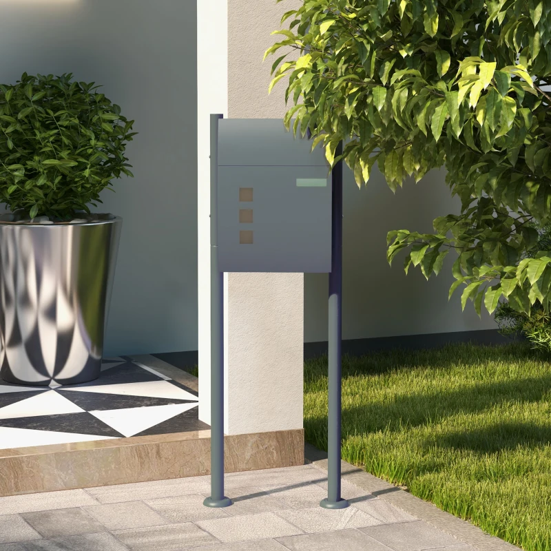 HOMCOM Caja de Correo Buzón, Con Cerradura, Buzón con Soporte, 2 Llaves, Acero, 44x15x114 cm, Gris Oscuro