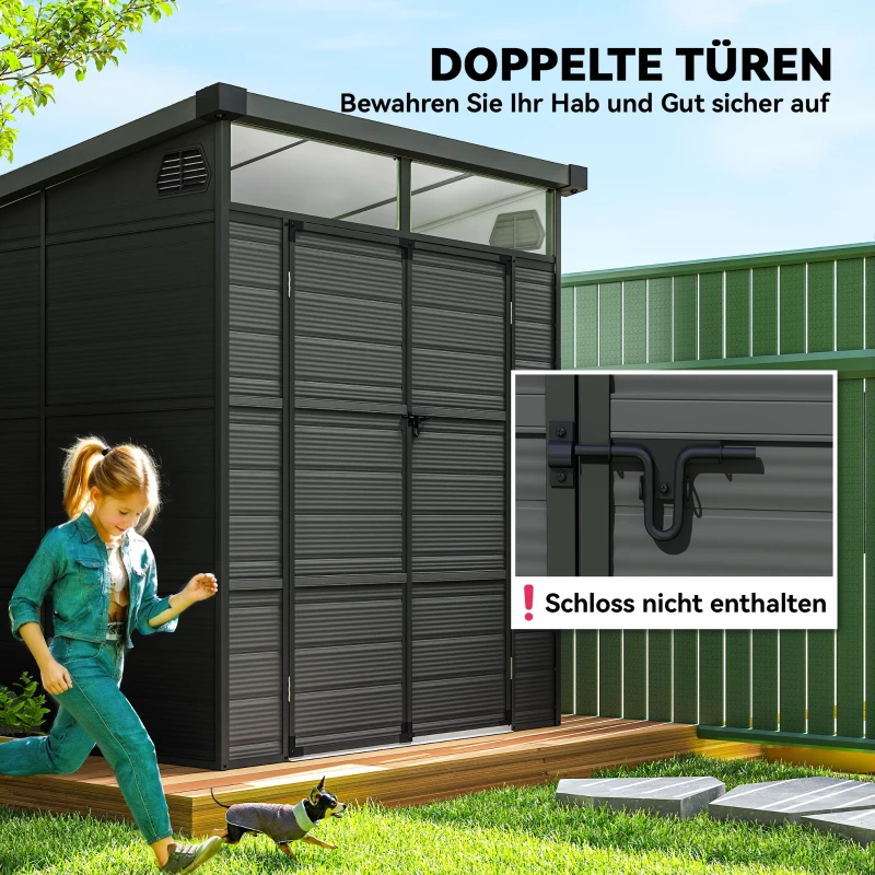 Outsunny 1,9 x 1,9 m Gartenschuppen, Werkzeugschuppen aus Kunststoff , verschließbare Türen, 2 Lüftungsöffnungen, Dunkelgrau(m-7)