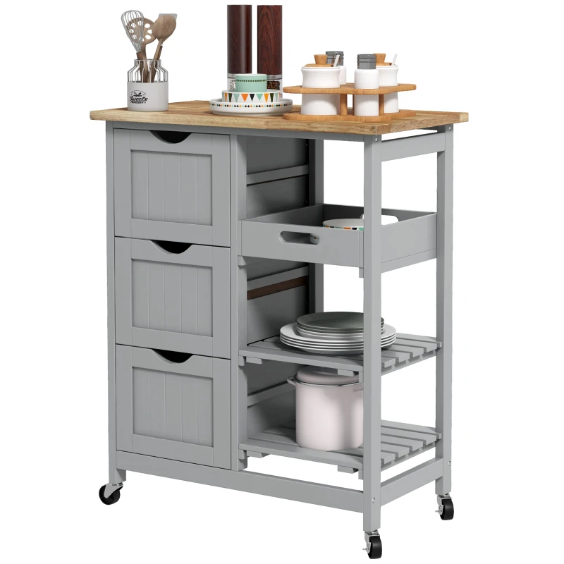 HOMCOM Chariot desserte de cuisine à roulettes plan de travail en bois 3 tiroirs et 1 plateau amovible 67 x 37 x 85,5 cm gris