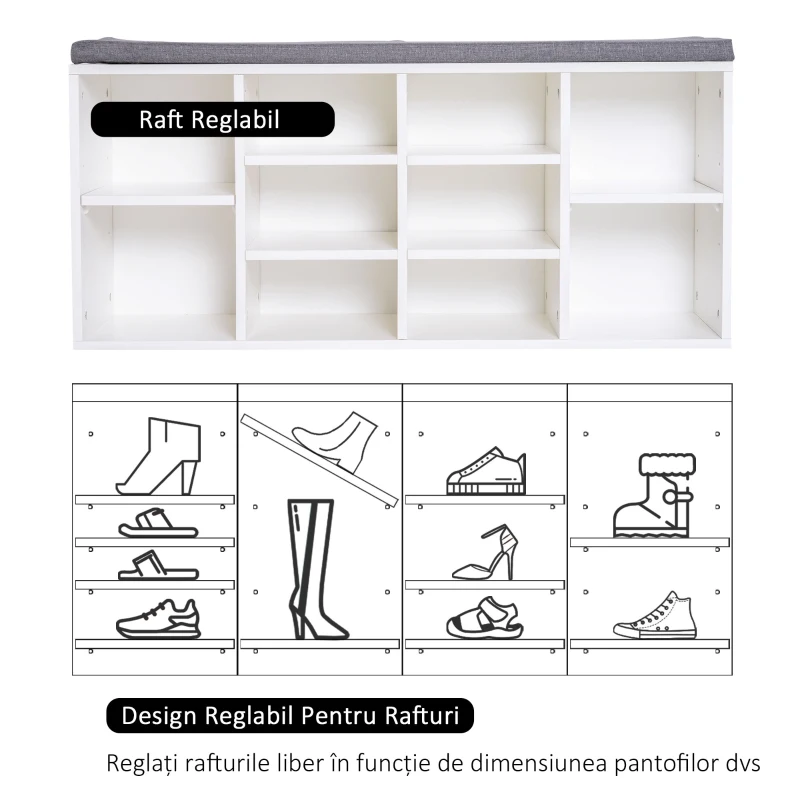 Homcom Bancuta Pantofi – 104×30×48 cm, Alb/Gri cu Rafturi Reglabile