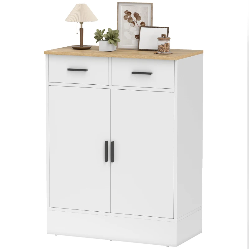 HOMCOM Buffet, meuble de rangement avec 2 portes, 2 tiroirs et étagère réglable, 68,6 x 35 x 90,3 cm, bois naturel et blanc