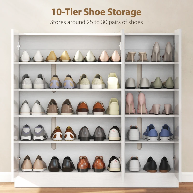 HOMCOM Schuhschrank mit 10 Regalen für 25-30 Schuh-Paare, Lüftungslöcher, Soft-Close-Türen, Holz, Weiß(m-4)