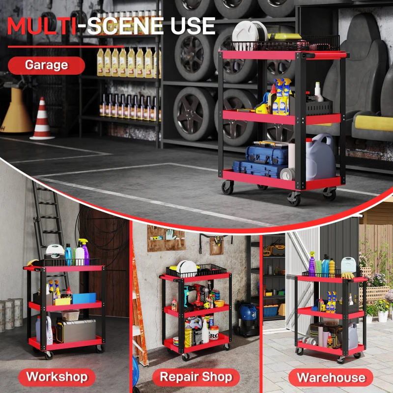 HOMCOM gereedschapswagen met 3 niveaus, metalen frame, 120 kg draagvermogen, wielen, handvat, rood