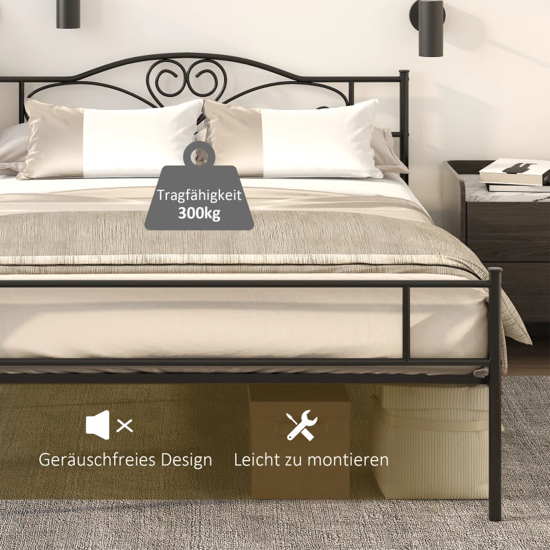HOMCOM Metalen bedombouw met hoofdeinde, draagvermogen 300 kg, 145L x 211B x 106H cm, zwart