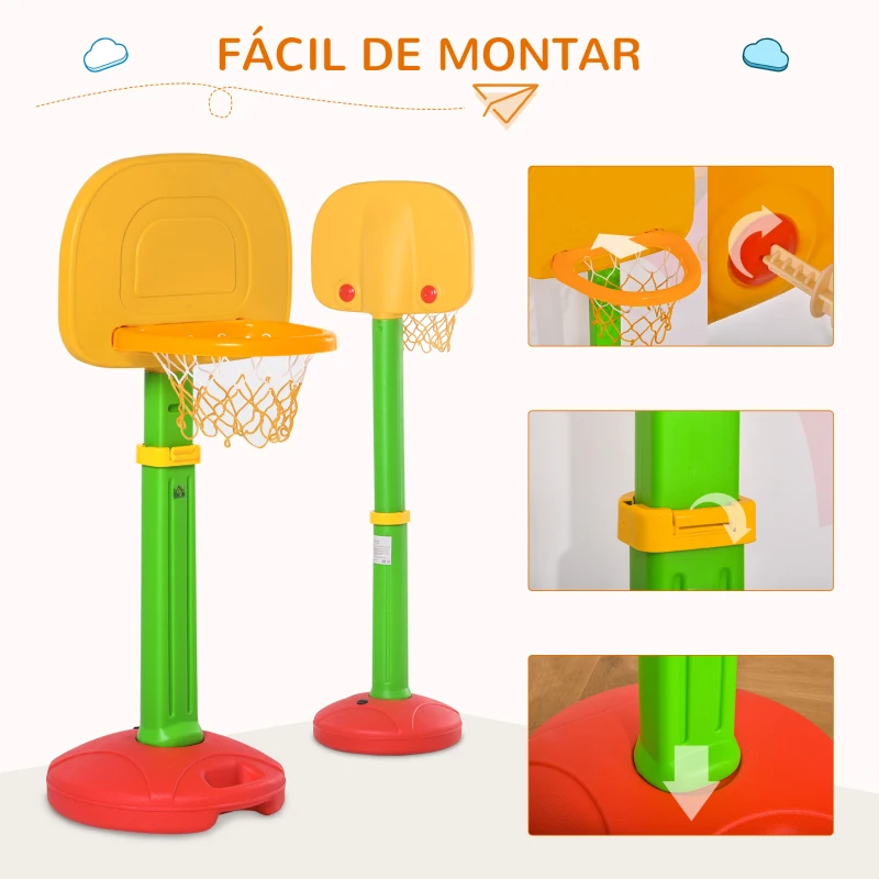 HOMCOM Canasta de Baloncesto Infantil con Altura Ajustable 2 Pelotas y Bomba de Aire para Niños +3 Años Juguetes Deportivos en Interiores y Exteriores 52,5x44x120-160 cm Multicolor
