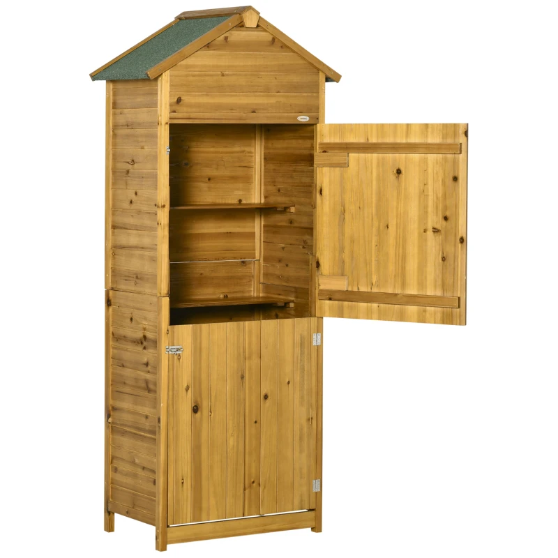 Outsunny Armario de Jardín de Madera 79x49x191,5 cm 0,28 m² Cobertizo para Almacenaje de Herramientas con Techo Asfáltico 3 Estantes y 2 Puertas con Cerrojo para Exterior Terraza Natural
