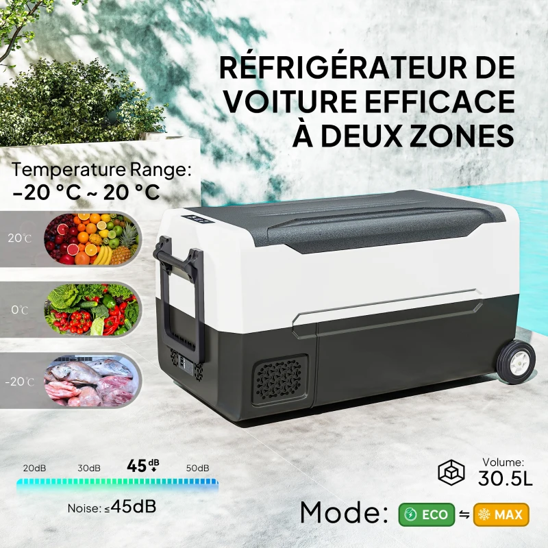 HOMCOM Glacière électrique portable pour voiture avec 2 zones contenance 30,5 L, lumière LED, jusqu'à -20°C