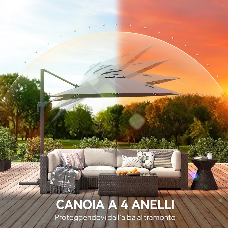 Outsunny Ombrellone a Braccio per Esterno con Luci a LED e Angolo Regolabile, in Alluminio e Poliestere Ø3x2.5 m, Grigio