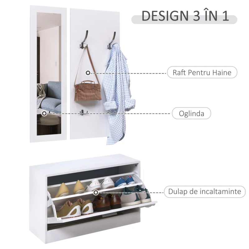 Homcom Set Hol 3‑in‑1 – Cuier, Oglinda si Scarpiera Alba Compacta(m-4)