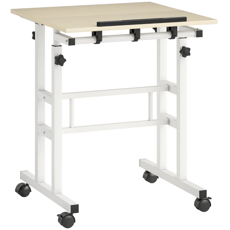 HOMCOM Scrivania Regolabile Seduta/In Piedi 60 x 60 cm con Ruote e Piano Inclinabile, Legno Naturale