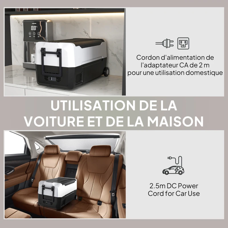 HOMCOM Glacière électrique portable pour voiture avec 2 zones contenance 30,5 L, lumière LED, jusqu'à -20°C