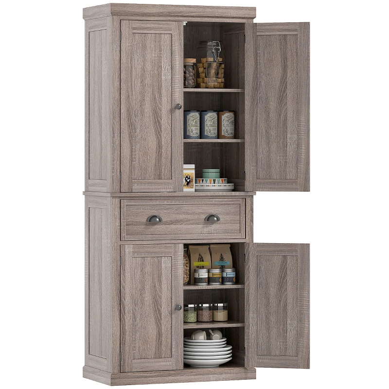 HOMCOM Küchenschrank, Hochschrank, Küchenbuffet mit 2 Schränken und Schublade, Mehrzweckschrank, Kippschutz, Sideboard, Braun, 76 x 40,5 x 184 cm