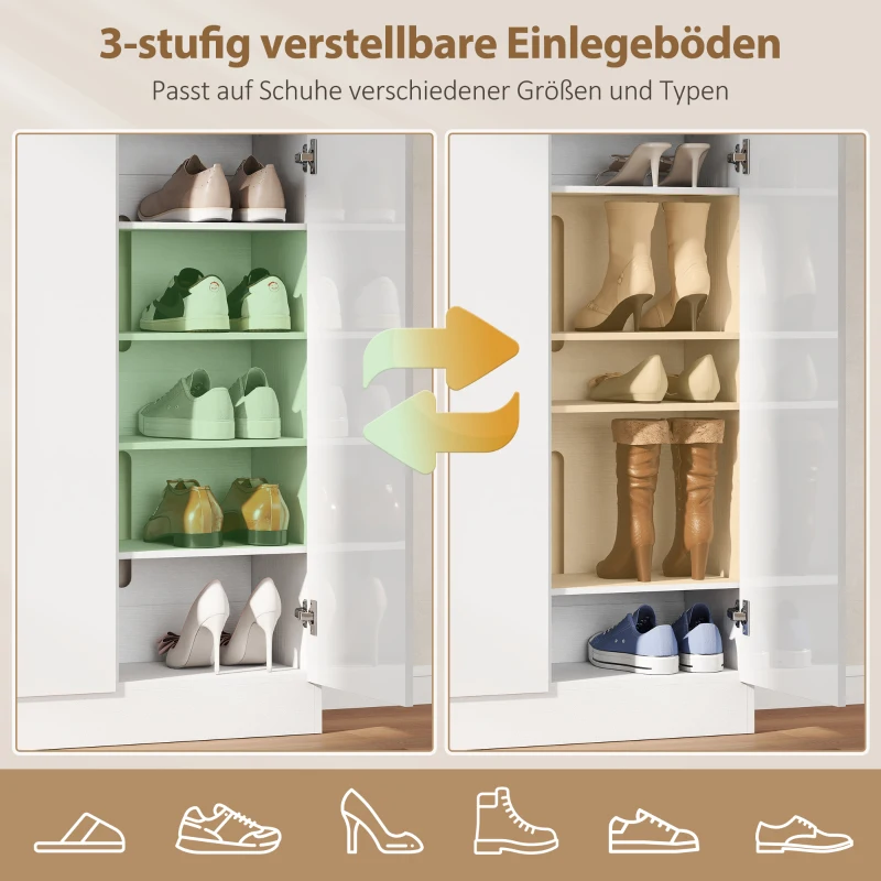 HOMCOM Schuhschrank mit 10 Regalen für 25-30 Schuh-Paare, Lüftungslöcher, Soft-Close-Türen, Holz, Weiß(m-5)