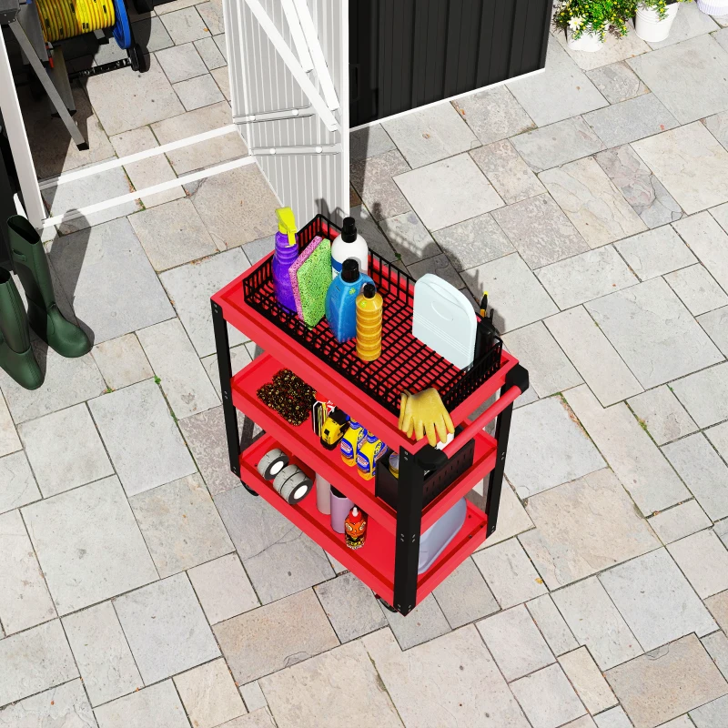 HOMCOM 3-Tier Workshop Tool Cart with Locking Wheels & Side Handle, 27.8 x 13.8 x 32.5 in — Red