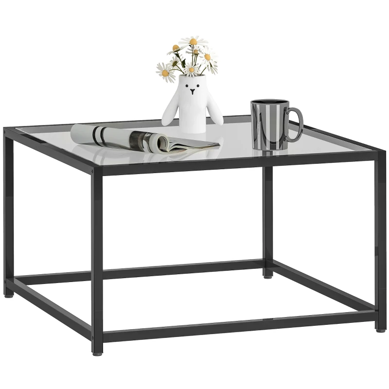 HOMCOM Square Coffee Table with Tempered Glass Top & Steel Legs, 26.8 x 26.8 x 15.4 in, Black