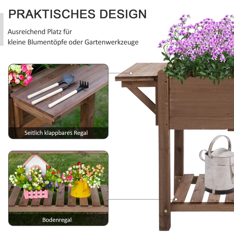 Outsunny Hochbeet Pflanzkasten mit 8 geteilten Gittern faltbare Ablage Blumenkasten Blumentopf Kräuterbeet Massivholz Braun 123 x 54 x 80 cm