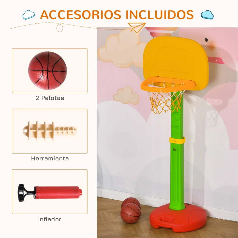 HOMCOM Canasta de Baloncesto Infantil con Altura Ajustable 2 Pelotas y Bomba de Aire para Niños +3 Años Juguetes Deportivos en Interiores y Exteriores 52,5x44x120-160 cm Multicolor