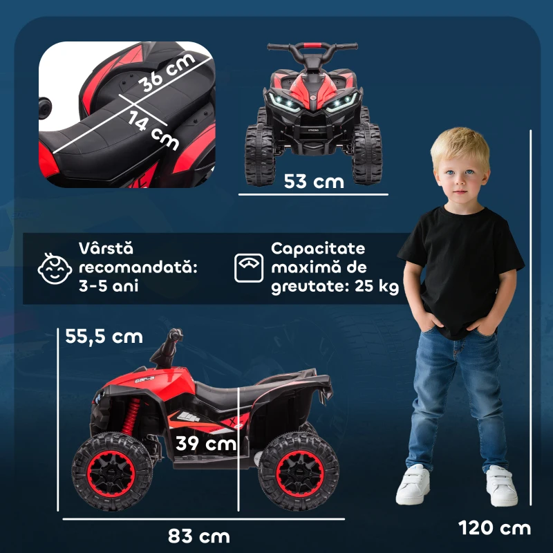 HOMCOM ATV 12V pentru copii cu cauciucuri late, masina, faruri LED, claxon, muzica, pentru 3-5 ani, rosu(m-4)
