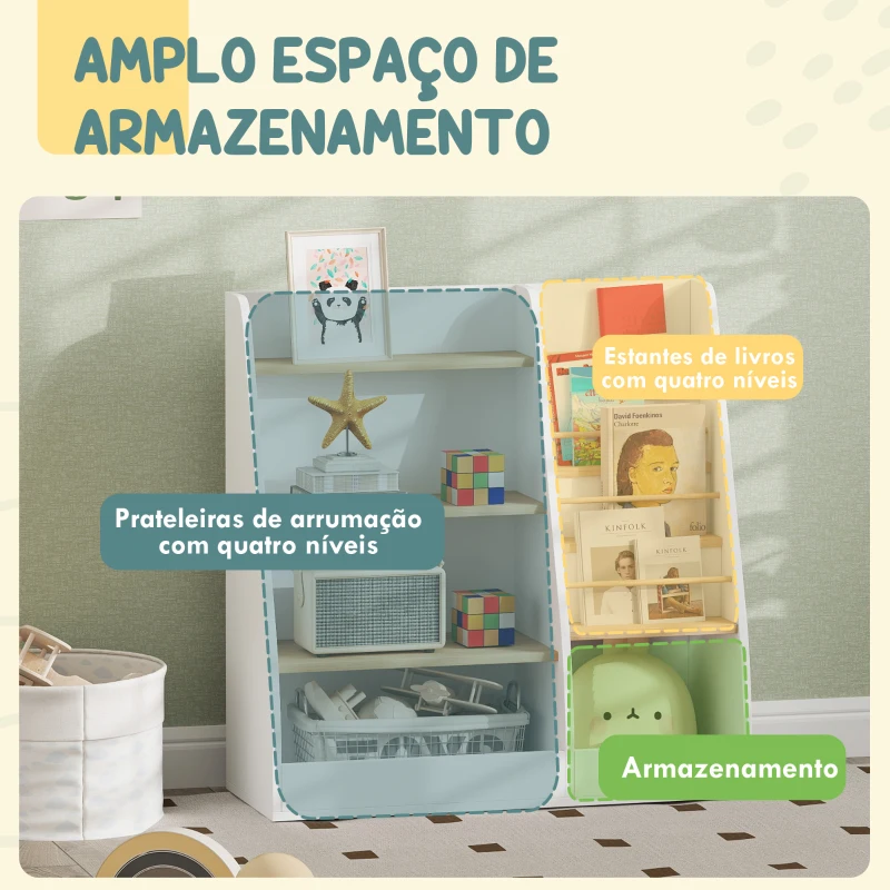 AIYAPLAY Estante para Livros Infantil com 4 Prateleiras e Compartimentos para Dormitório Escola Infantil 80x30x80 cm Branco
