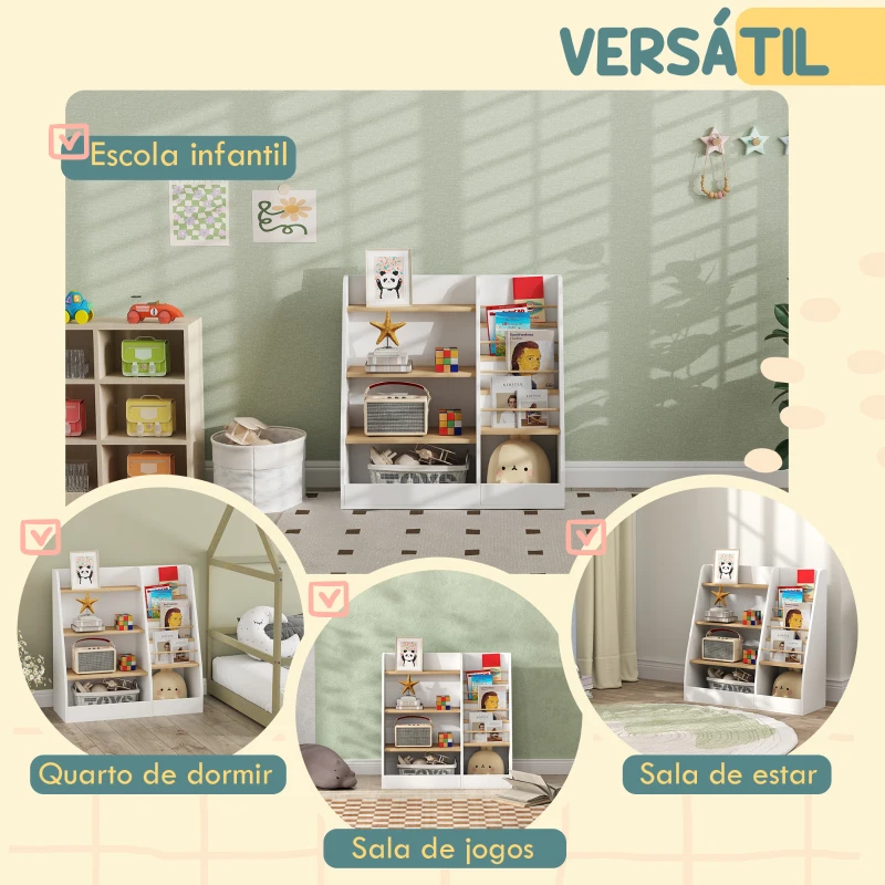 AIYAPLAY Estante para Livros Infantil com 4 Prateleiras e Compartimentos para Dormitório Escola Infantil 80x30x80 cm Branco