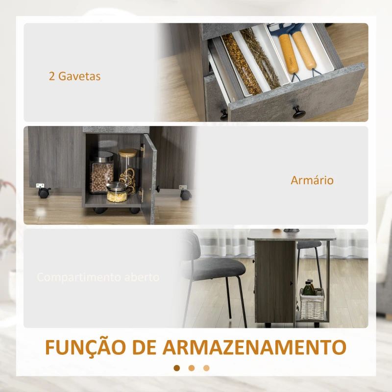 HOMCOM Mesa de Refeição Dobrável com Rodas Mesa Abatível com 2 Gavetas e Armário Mesa Auxiliar Multifuncional 120x60x76,5 cm Cinza