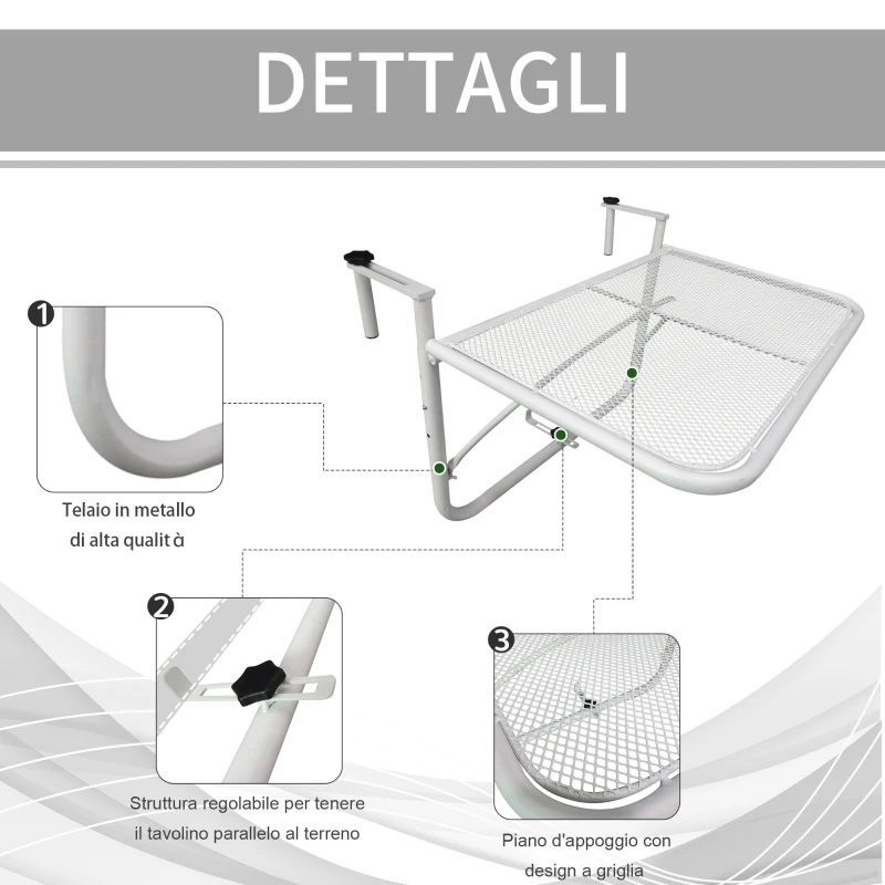 Outsunny Tavolo da Ringhiera con Ganci ad Altezza Regolabile su 3 Livelli, in Metallo, 60x56.5x45 cm, Bianco