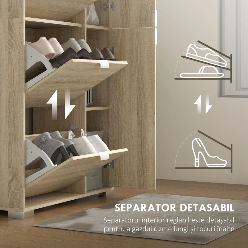HOMCOM Etajeră pentru Pantofi cu Oglindă, 4 Sertare Rabatabile și 2 Dulapuri, 82x30x168 cm, Culoare Stejar(m-7)