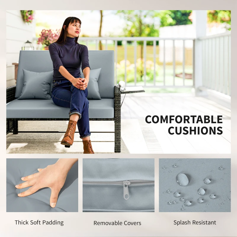 Outsunny Gartensofa mit Liegefunktion, ausfahrbare Fußbank mit Stauraum, Sitzkissen, grau, 130 x 72 x 96 cm