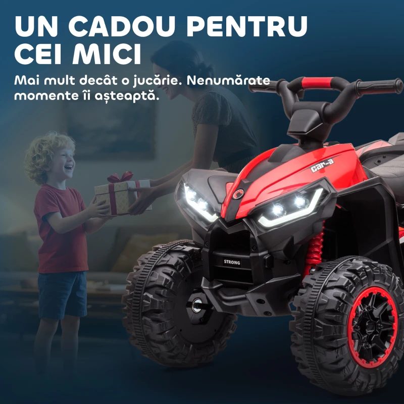 HOMCOM ATV 12V pentru copii cu cauciucuri late, masina, faruri LED, claxon, muzica, pentru 3-5 ani, rosu(m-9)