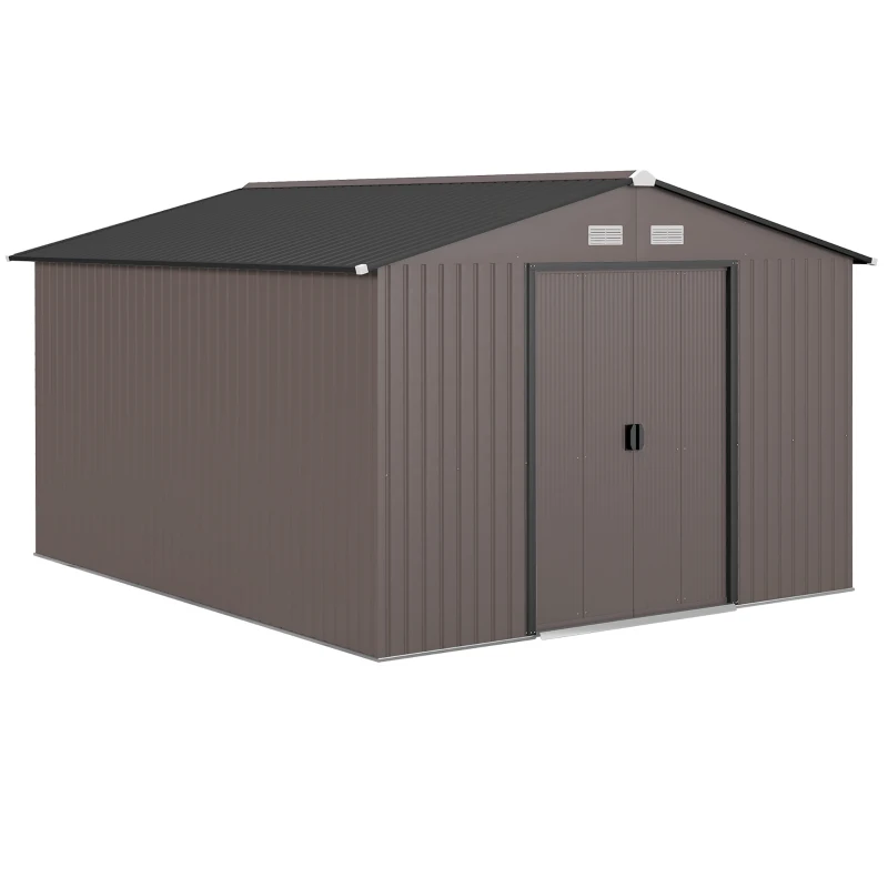 Outsunny Casetta da Giardino con 2 Porte Scorrevoli e 4 Prese d'Aria in Acciaio, 322x277x192 cm, Marrone