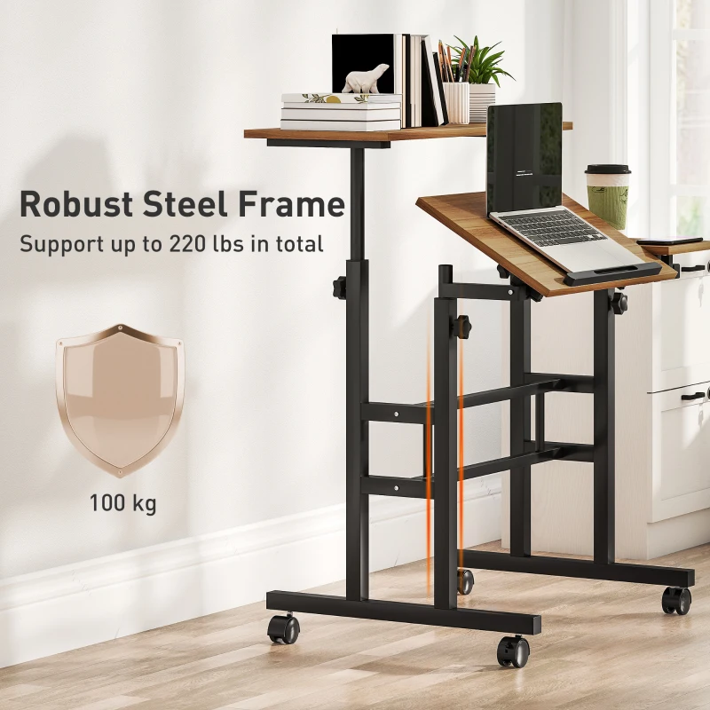 HOMCOM Sitz‑Steh‑Schreibtisch 70 x 60 cm – höhenverstellbar, mit Rollen & neigbarer Tischplatte, Braun