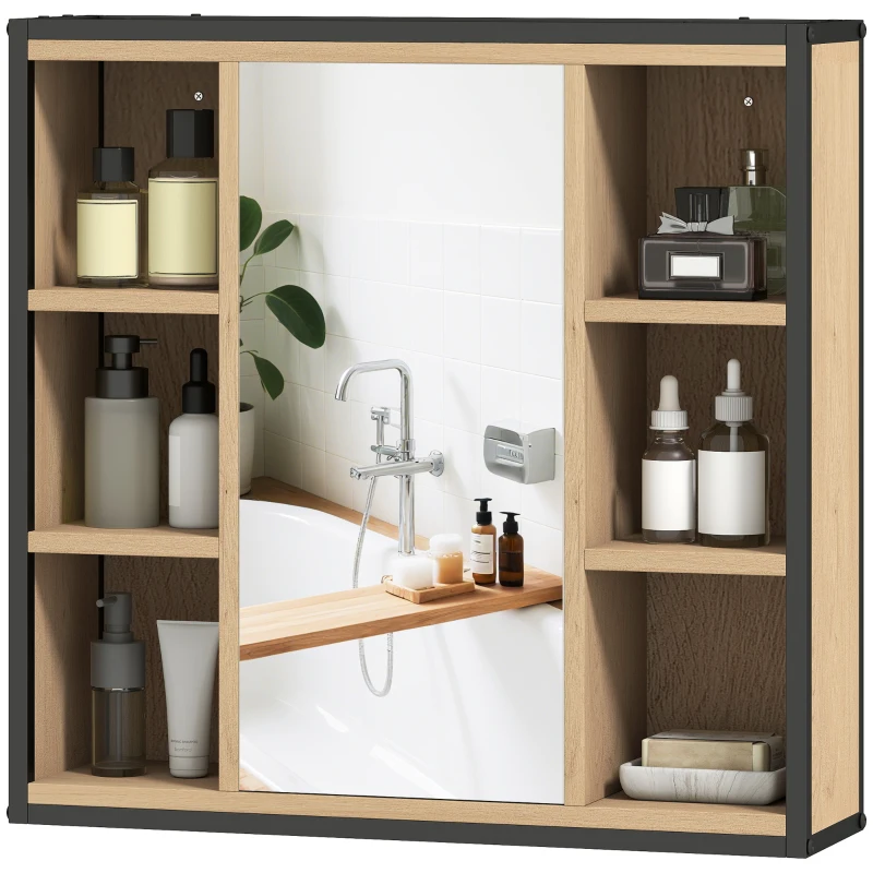 HOMCOM Bathroom Mirror Cabinet, 6 Open Compartments, 3-Position Adjustable Shelf, Wall-Mounted, Oak
