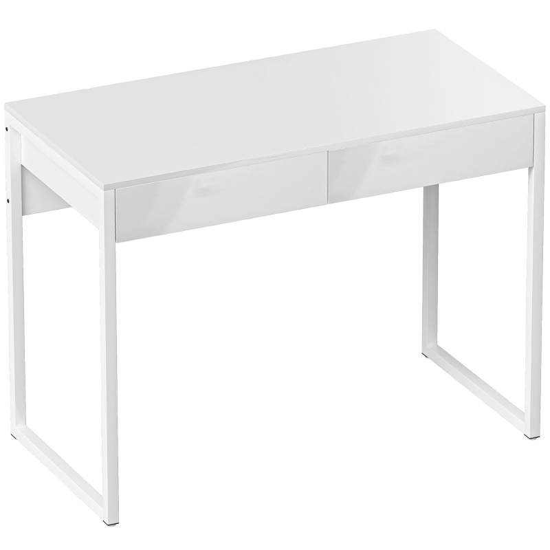 HOMCOM Scrivania Moderna con 2 Cassetti e Gambe in Acciaio, 100x50x75 cm, Bianco Lucido