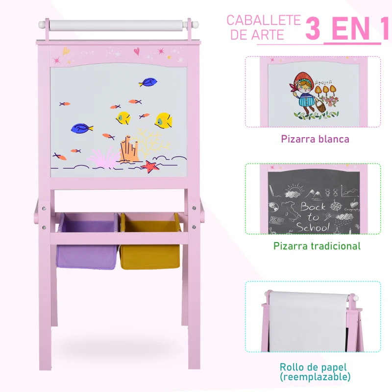 HOMCOM Pizarra de Doble Cara Caballete para Niños con Rollo de Papel y 2 Cestas de Almacenamiento 58,5x50,5x118 cm Rosa