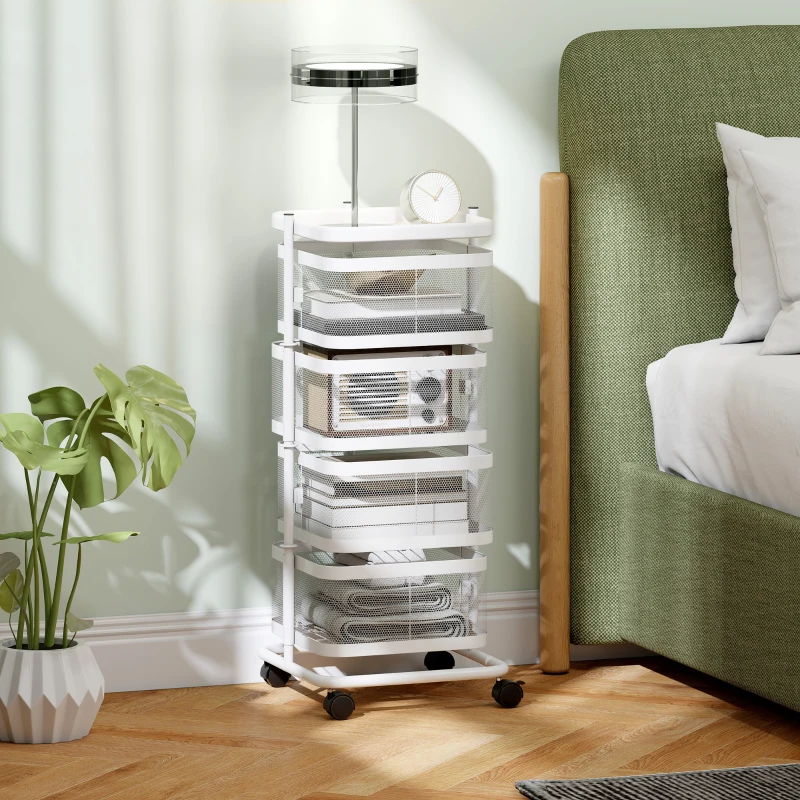HOMCOM Carrito 4 cestas giratorias con ruedas y bandeja superior, 33x33x77 cm, blanco