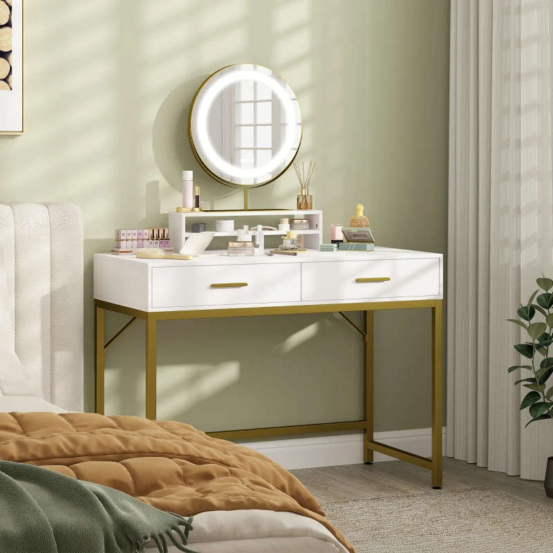 HOMCOM Kaptafel met 360° Spiegel, LED-verlichting, 2 Laden, Wit/Goud