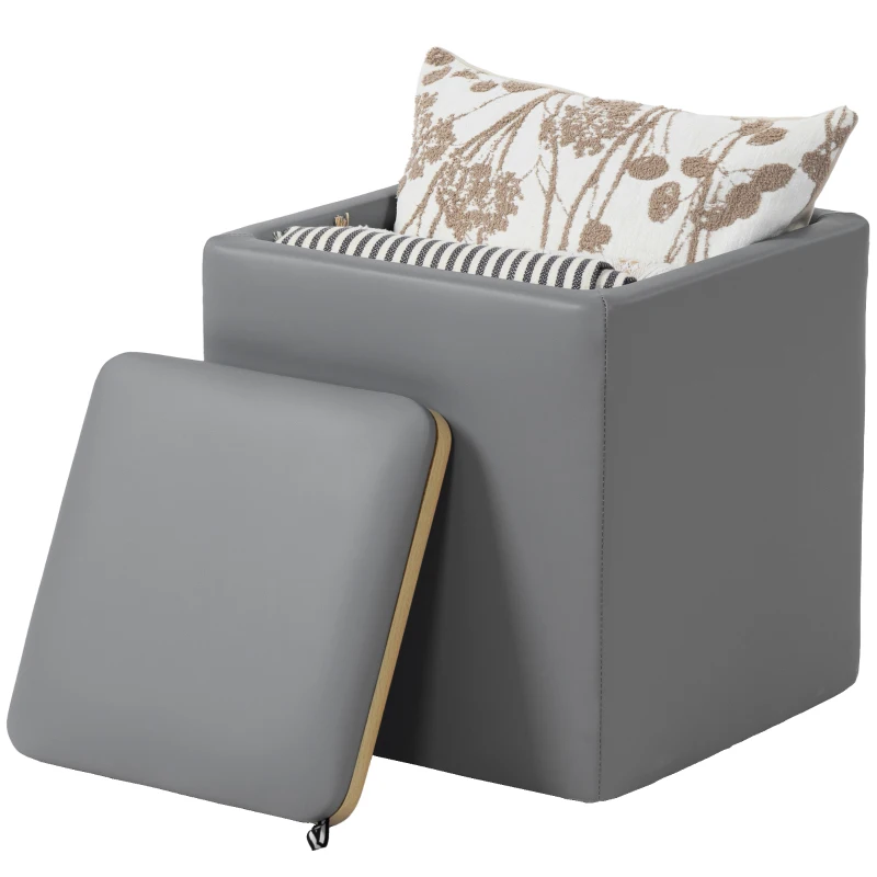 HOMCOM Pouf Contenitore con Coperchio in Ecopelle, 40 x 40 x 40 cm, Grigio