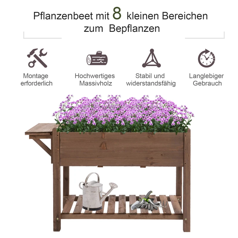 Outsunny Hochbeet Pflanzkasten mit 8 geteilten Gittern faltbare Ablage Blumenkasten Blumentopf Kräuterbeet Massivholz Braun 123 x 54 x 80 cm