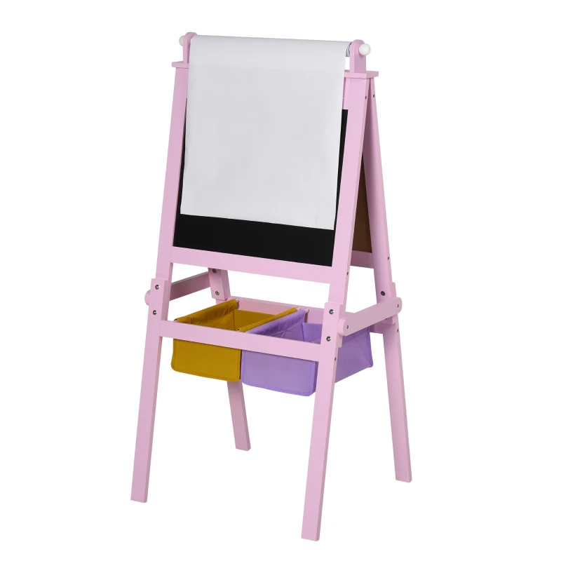HOMCOM Pizarra de Doble Cara Caballete para Niños con Rollo de Papel y 2 Cestas de Almacenamiento 58,5x50,5x118 cm Rosa