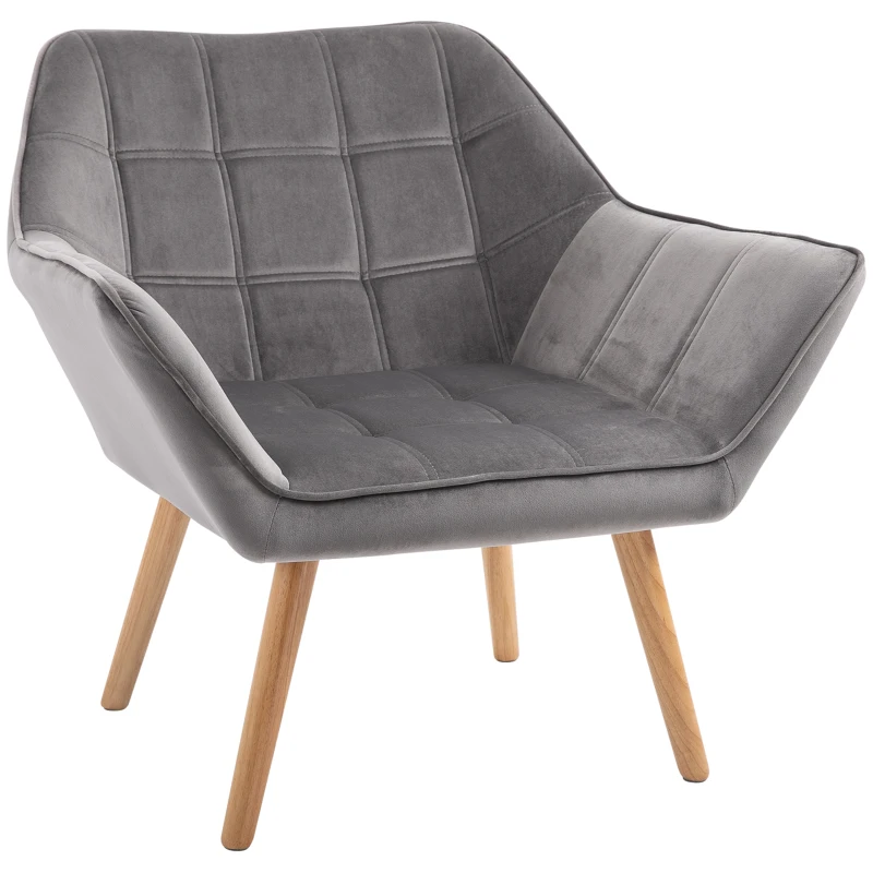 HOMCOM Butaca de Salón Moderna Tapizado en Terciopelo con Asiento Ancho Patas de Madera Sillón Relax para Sala de Estar Gris