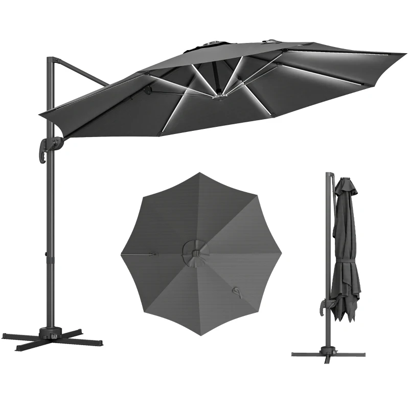 Outsunny Ombrellone a Braccio per Esterno con Luci a LED e Angolo Regolabile, in Alluminio e Poliestere Ø3x2.5 m, Grigio