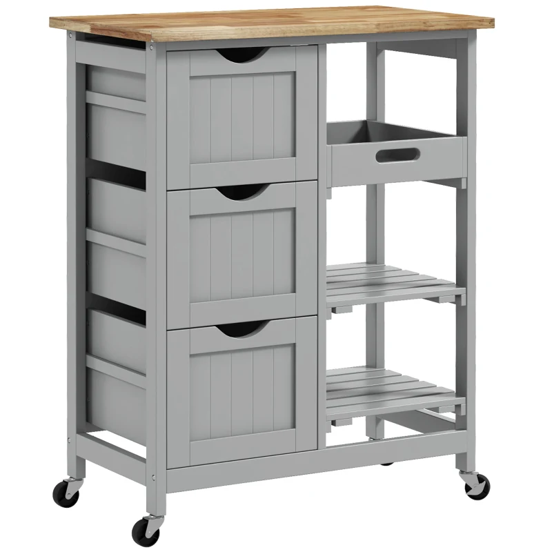HOMCOM Küchenwagen auf Rollen mit Massivholz-Arbeitsplatte, 3 Schubladen & abnehmbarem Tablett, 67×37×85,5 cm, Grau