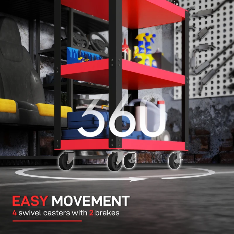 HOMCOM gereedschapswagen met 3 niveaus, metalen frame, 120 kg draagvermogen, wielen, handvat, rood