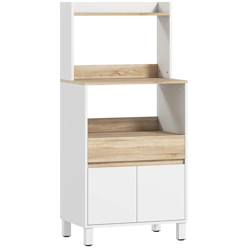 HOMCOM Mobiletto per Microonde in Legno con Mensola, Ripiano Aperto, Cassetto e Armadietto, 60x40x131 cm, Bianco