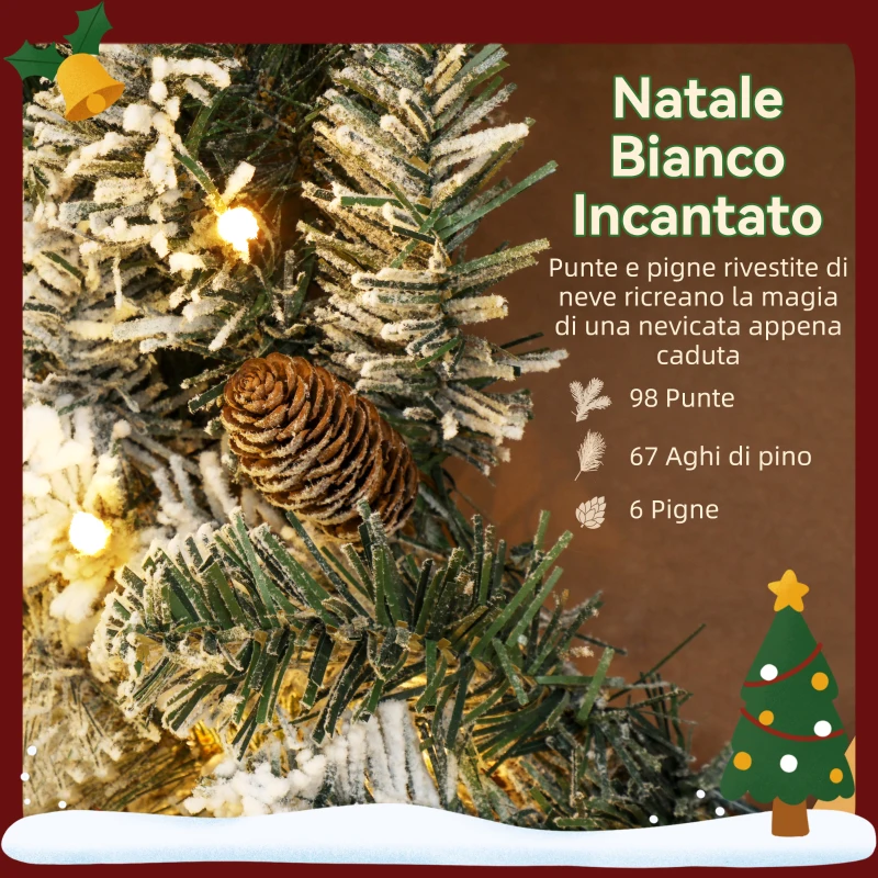 HOMCOM Ghirlanda Natalizia da 60 cm con Rami Innevati, 35 Luci LED con Timer e Pigne Decorative